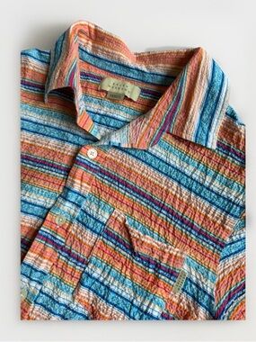 Salty Weekend Multicolor Striped Crinkle Seersucker Button Up Shirt M Festival